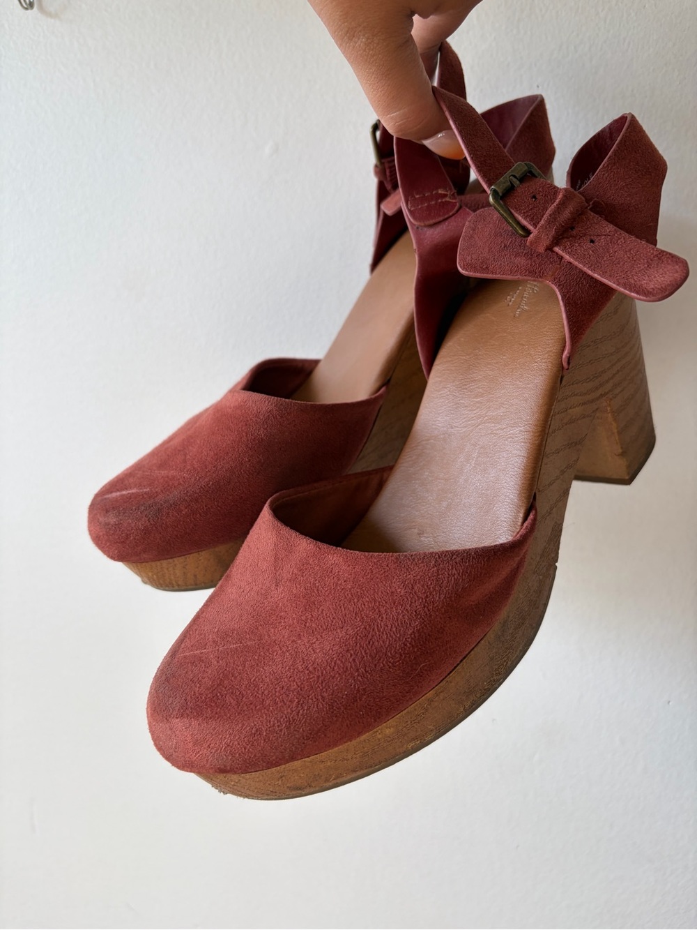 Womens Suede Clog Heels with Ankle Strap - Burgundy